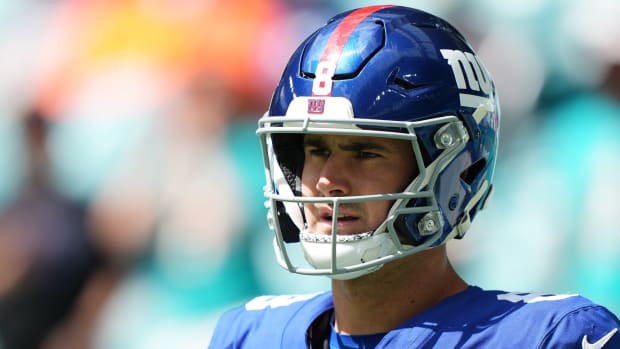 Oct 8, 2023; Miami Gardens, Florida, USA; New York Giants quarterback Daniel Jones (8) walks onto the field prior to the game against the New York Giants at Hard Rock Stadium.
